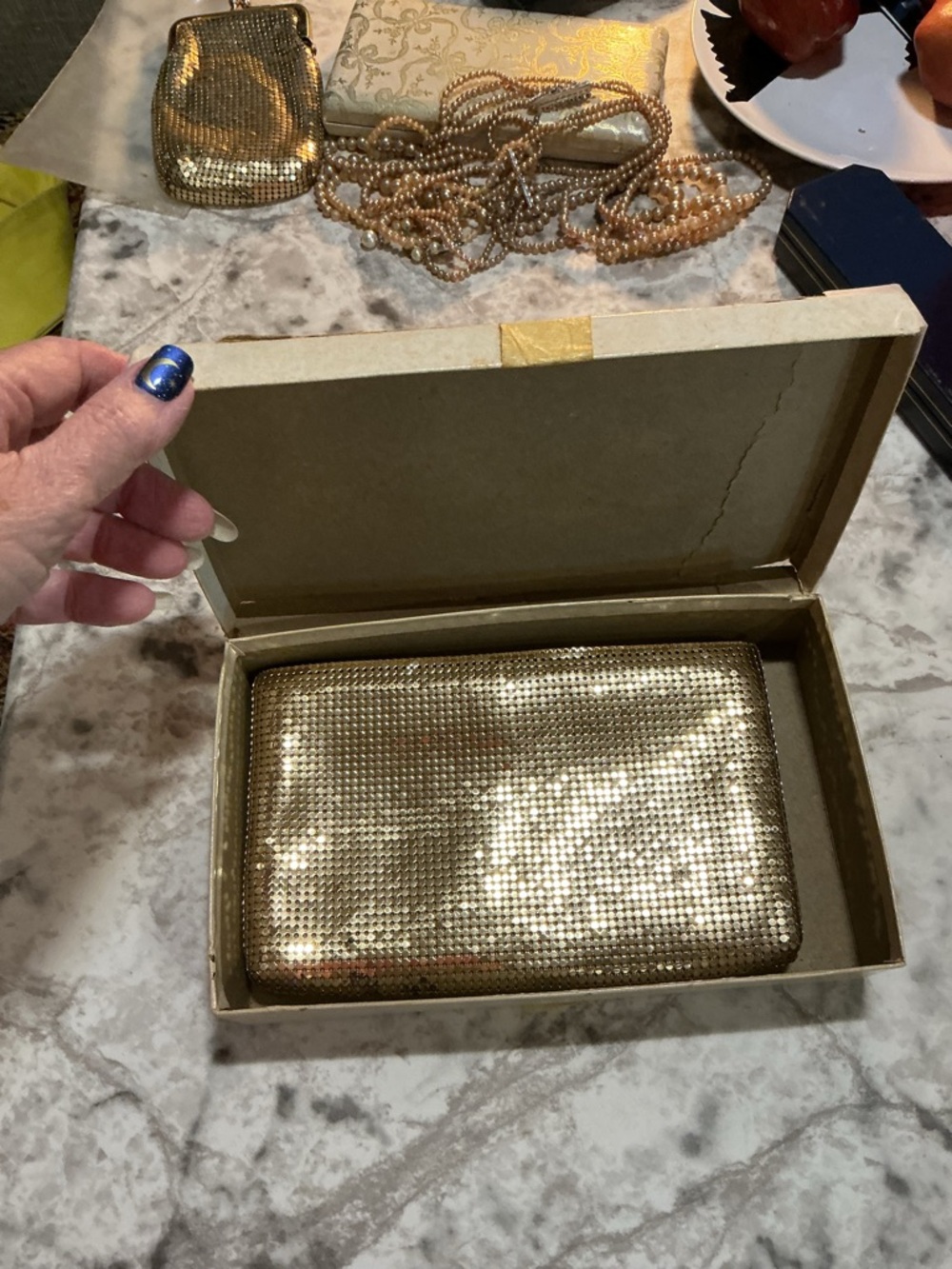 70’s Vintage Whiting and Davis Cosmetic Case in original box .